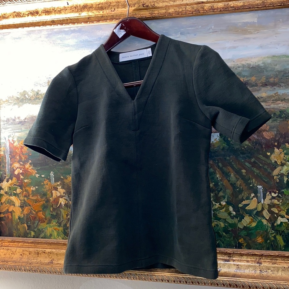 Victoria Beckham Dark Green V‑Neck Short Sleeve Top